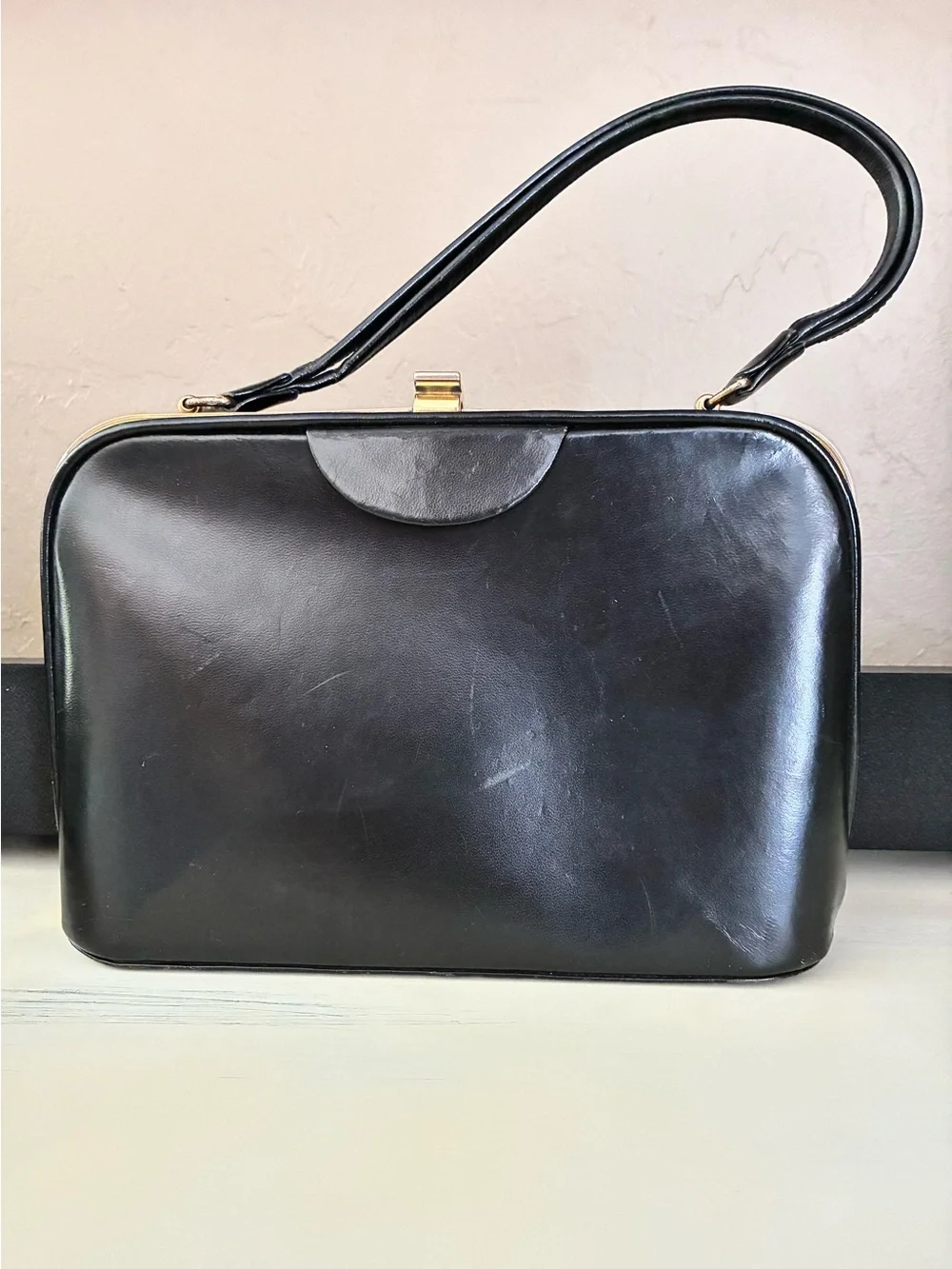 Vintage Black Genuine Leather Double Handle Frame Handbag | Made in England
